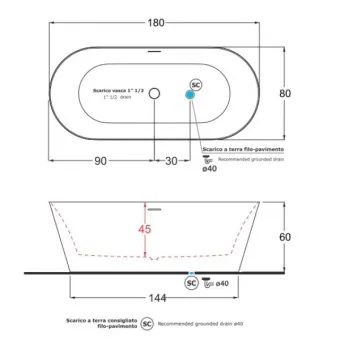 ВАННА АКРИЛОВАЯ GRUPPO TREESSE INKA 180Х80 СМ, БЕЛАЯ МАТОВЫЙ (V388BO)