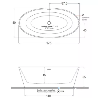 ВАННА КАМЕННАЯ GRUPPO TREESSE ALMA 175Х80 СМ, БЕЛАЯ МАТОВЫЙ (V015BO)