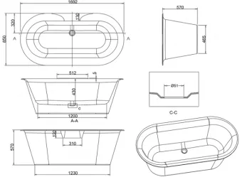 ВАННА АКРИЛОВАЯ BURLINGTON MYSTIQUE 169Х75 СМ (M12)