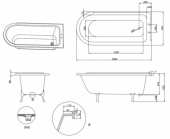 ВАННА АКРИЛОВАЯ BURLINGTON HAMPTON 170Х75 СМ, ПРАВОСТОРОННЯЯ (E14)