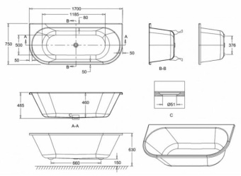 ВАННА АКРИЛОВАЯ BURLINGTON AVANTGARDE 170Х75 СМ (T12D)