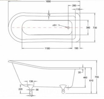 ВАННА АКРИЛОВАЯ BURLINGTON HAREWOOD SLIPPER 170Х73 СМ (E1)