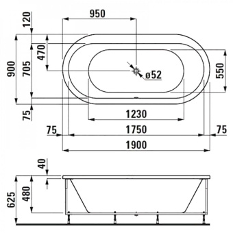 ВАННА ВСТРАИВАЕМАЯ АКРИЛОВАЯ LAUFEN SOLUTIONS 190Х90 СМ, WHITE (H2255110000001)