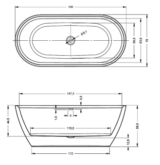 ВАННА АКРИЛОВАЯ RIHO INSPIRE 160X75 СМ (B091001005)