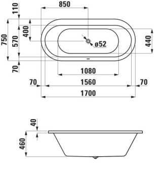 ВАННА ВСТРАИВАЕМАЯ АКРИЛОВАЯ LAUFEN SOLUTIONS 170Х75 СМ, WHITE (H2225100000001)