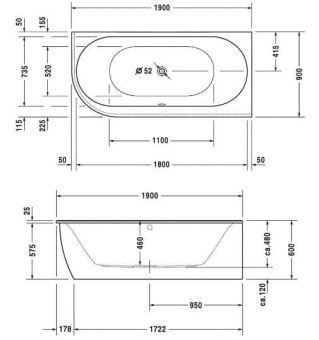 ВАННА АКРИЛОВАЯ DURAVIT DARLING NEW 190Х90 СМ (700247000000000)