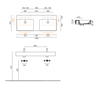 КЕРАМИЧЕСКАЯ ДВОЙНАЯ РАКОВИНА 120Х47 СМ CATALANO PREMIUM, BIANCO LUCIDO (112VPUPD00)